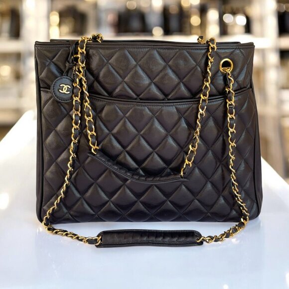 CHANEL Shopper Bag Double Chain Quilted Black Lambskin Large Tote CC Authentic - Picture 2 of 16